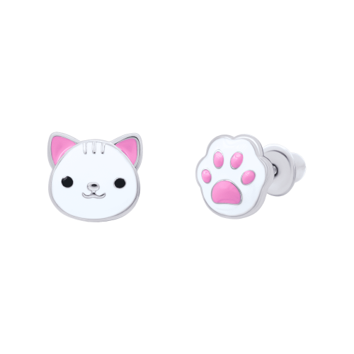 Серебряные серьги UmaUmi Котик с лапкой, серебро 925, белые 219559300603