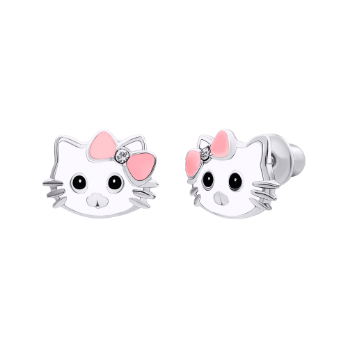 Серебряные серьги UmaUmi Кити-котик, серебро 925, с розовым бантом 219570700611