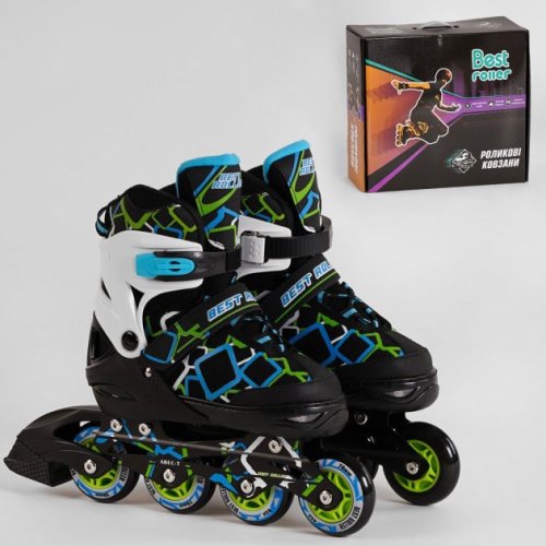 Ролики 1070-М Best Roller /размер 35-38/ ЧЕРНО-ЗЕЛЕНЫЙ, колёса PU, Передн.колесо свет, d коле