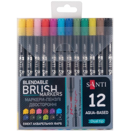 Набор двухсторонних акварельных маркеров Santi Brush Marker, 12 цветов 391055