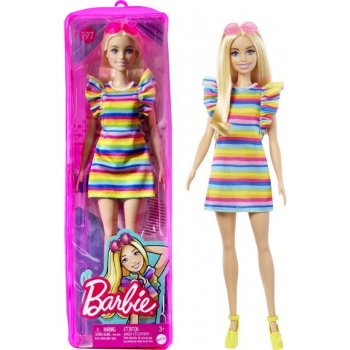 Кукла Barbie "Модница" с брекетами в полосатом платье HJR96